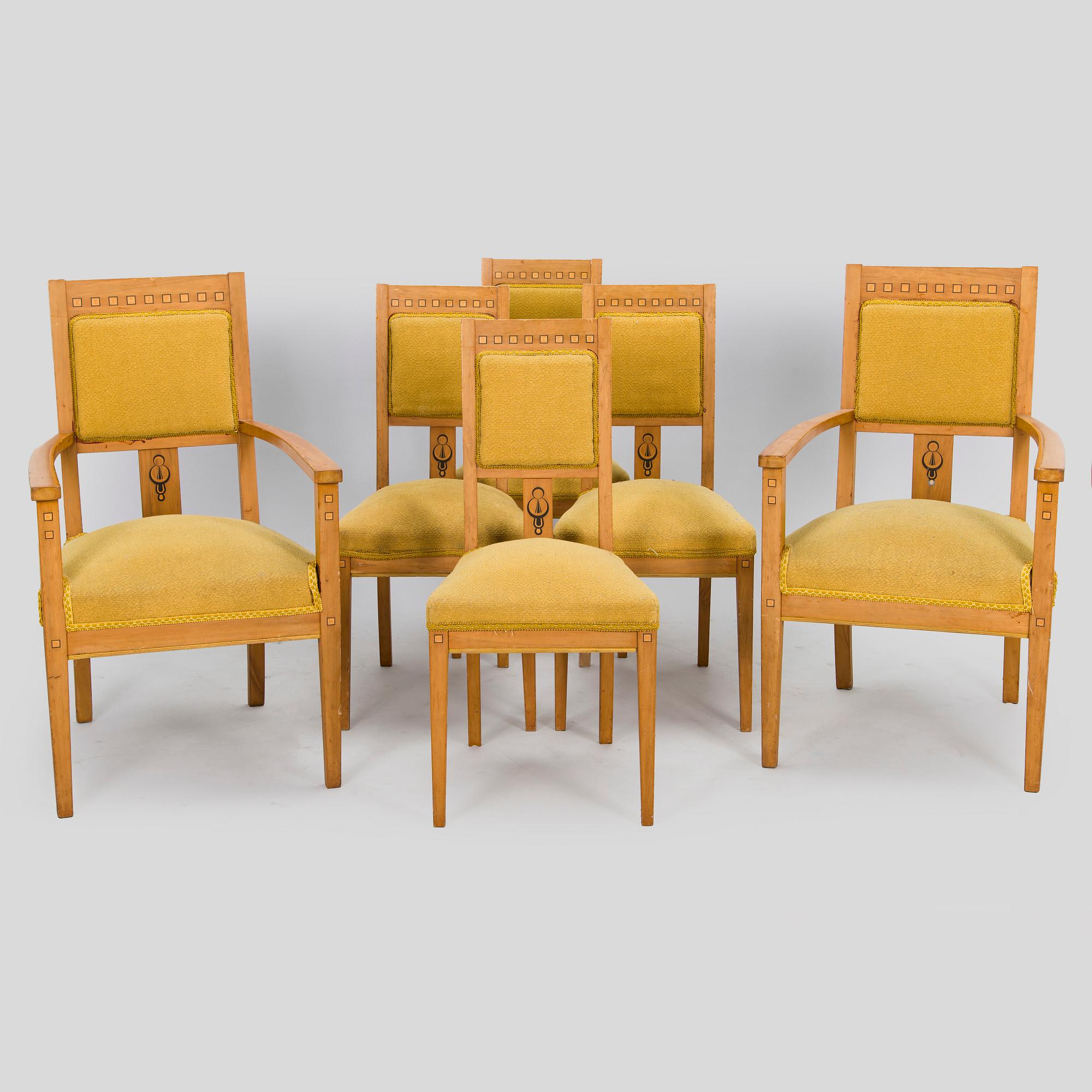 Fåtöljer, ett par och stolar, 4 st, tidigt 1900-tal.