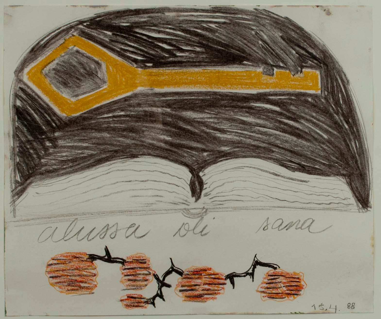 HANNU VÄISÄNEN, TECKNING, blandteknik på papper, dat. 15.4.88.