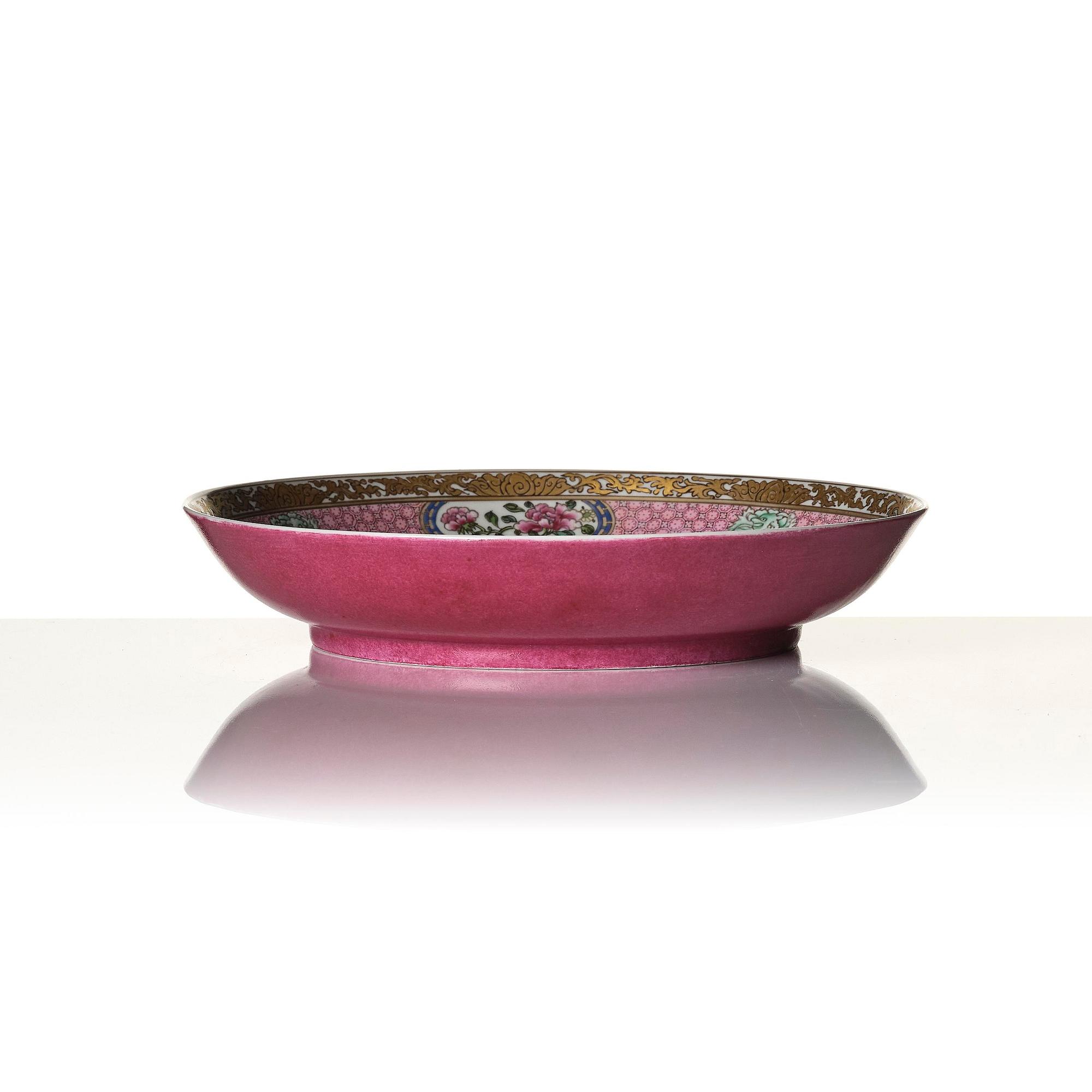 A Chinese famille rose 'ruby back' dish, 20th century.