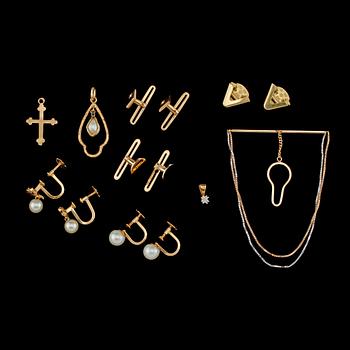 PARTI SMYCKEN, 9 delar, 18k guld, 1900-tal. Total vikt 17 g.