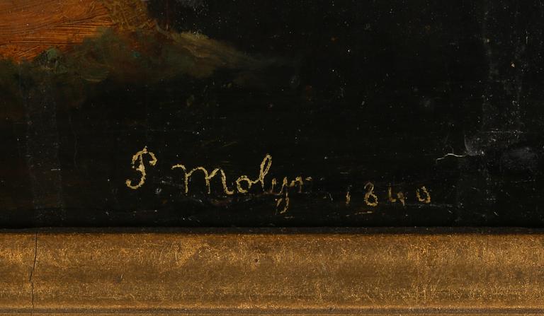 OKÄND KONSTNÄR, olja på pannå, signerad P Molyn och  daterad 1840.