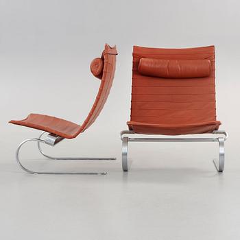 Poul Kjaerholm, a pair of 'PK-20' steel and brown leather easy chairs, Fritz Hansen, Denmark 1990.