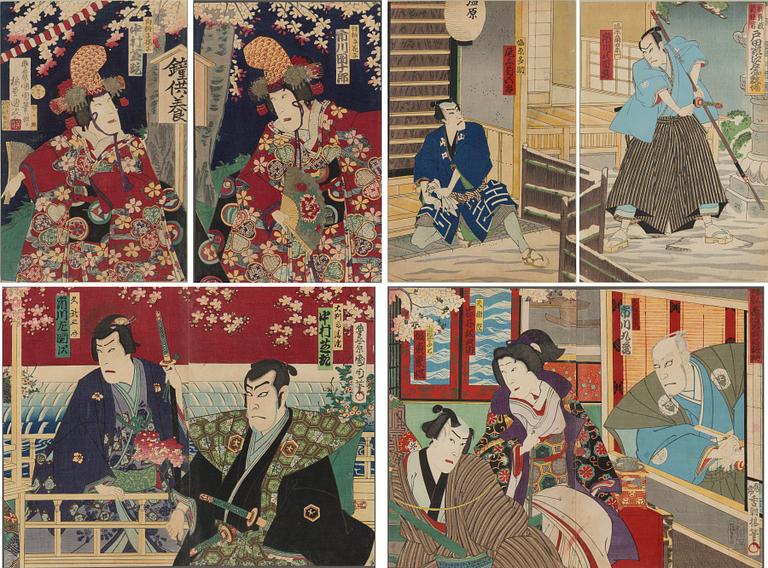 Utagawa Kunisada (Toyokuni III), Utagawa Kunisada, six woodblock prints, Kabuki actors.