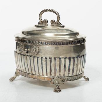 A Swedish silver coffee pot, cream jug and sugar box, Gustavian style, mark of AG Dufva, Stockholm 1911-1912.