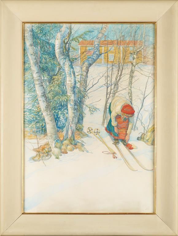 Carl Larsson, "Skidlöperska / Flicka spänner på sig skidorna".