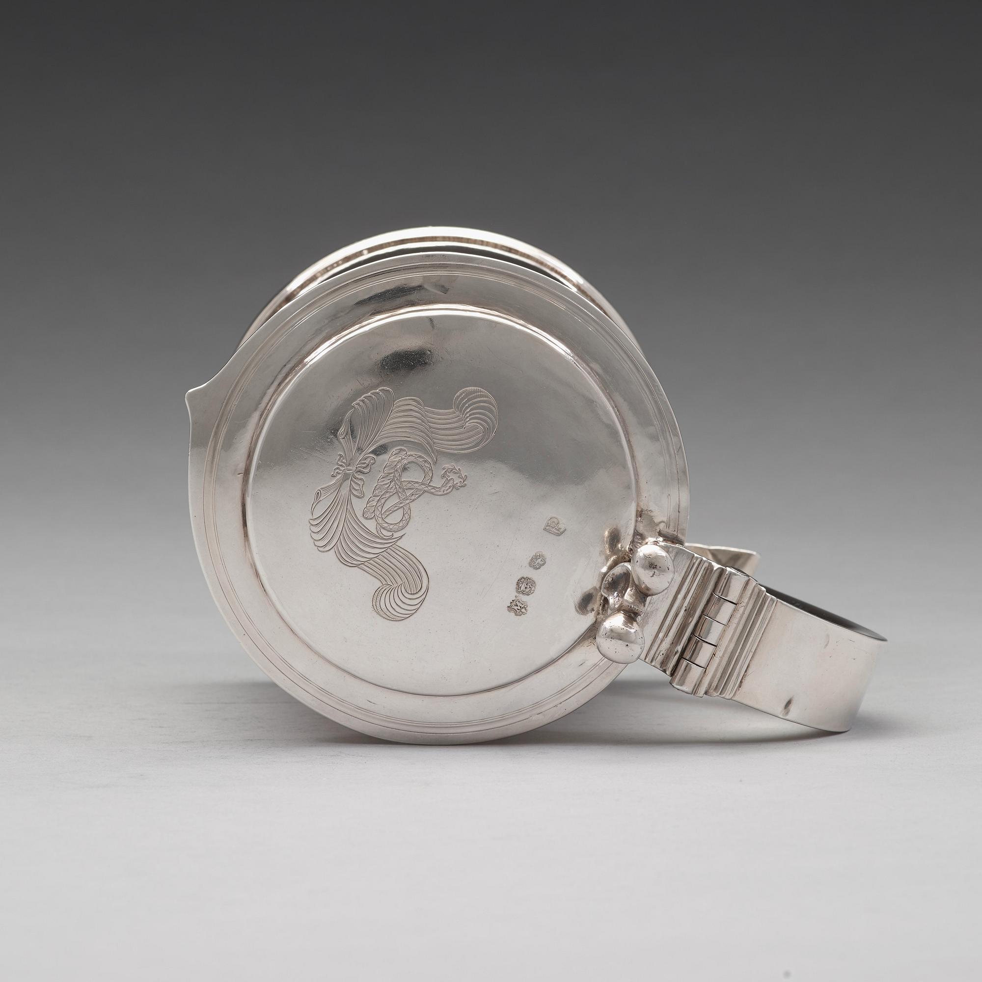 Dryckeskanna, mästarstämpel M, silver, London 1672,
 Charles II.