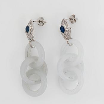 A pair of white jadeite, brilliant-cut diamond and sapphire earrings.