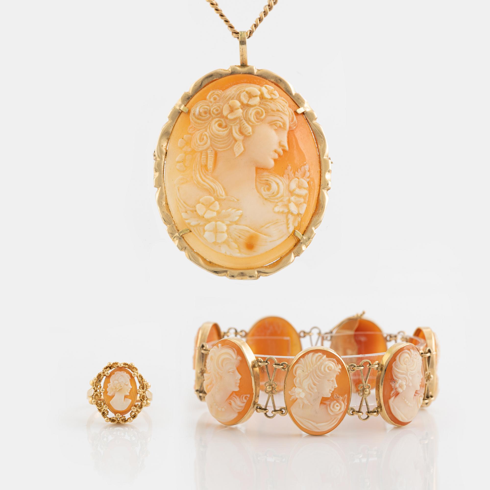 Shell cameo necklace, bracelet and ring.