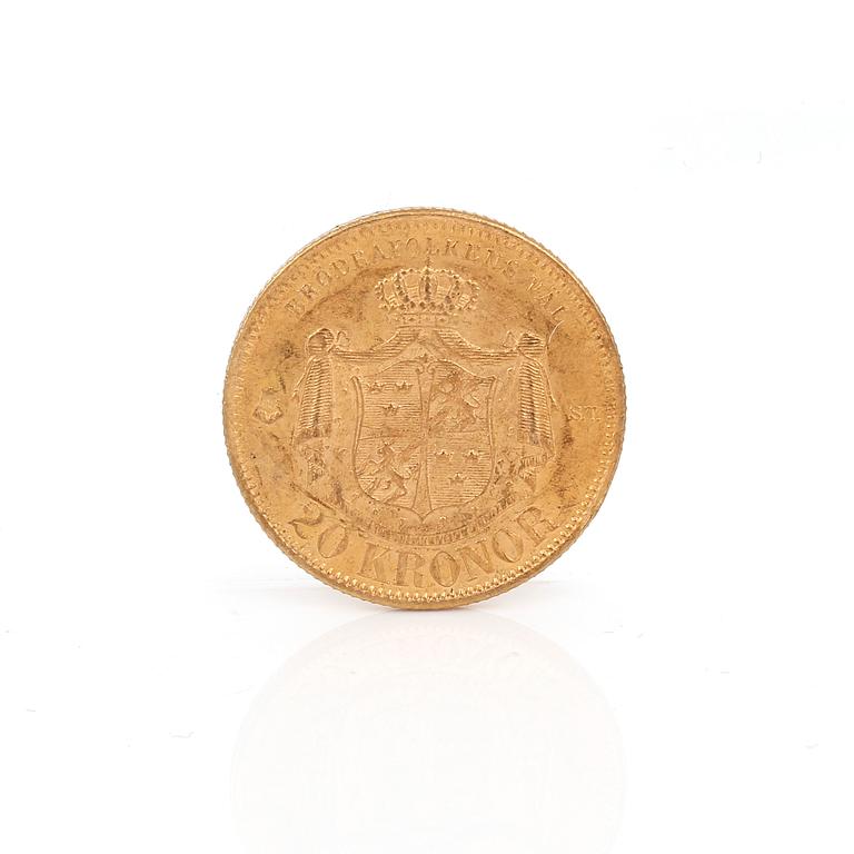 GULDMYNT, 20 kronor, Oscar II, Sverige och Norge, 1875. Vikt ca 9 gram.