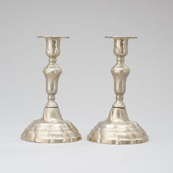 A pair of Rococo pewter candlesticks by J. G. Ryman 1794.