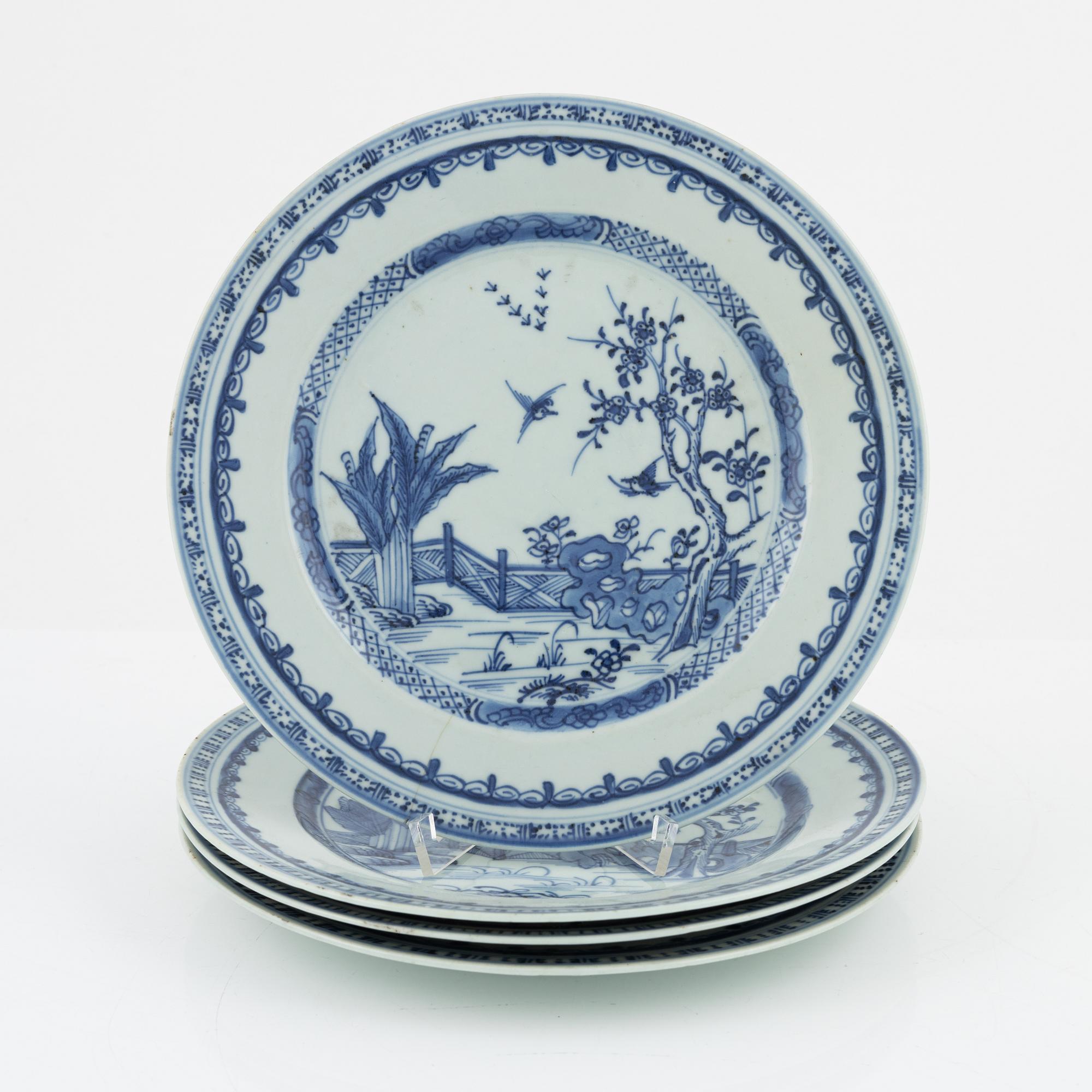 Four blue and white plates, China, Qing dynasty, Qianlong (1736-95).