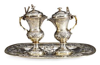 331. An Augsburg 1740s silver tray and a pair of jugs, marks of French import.
