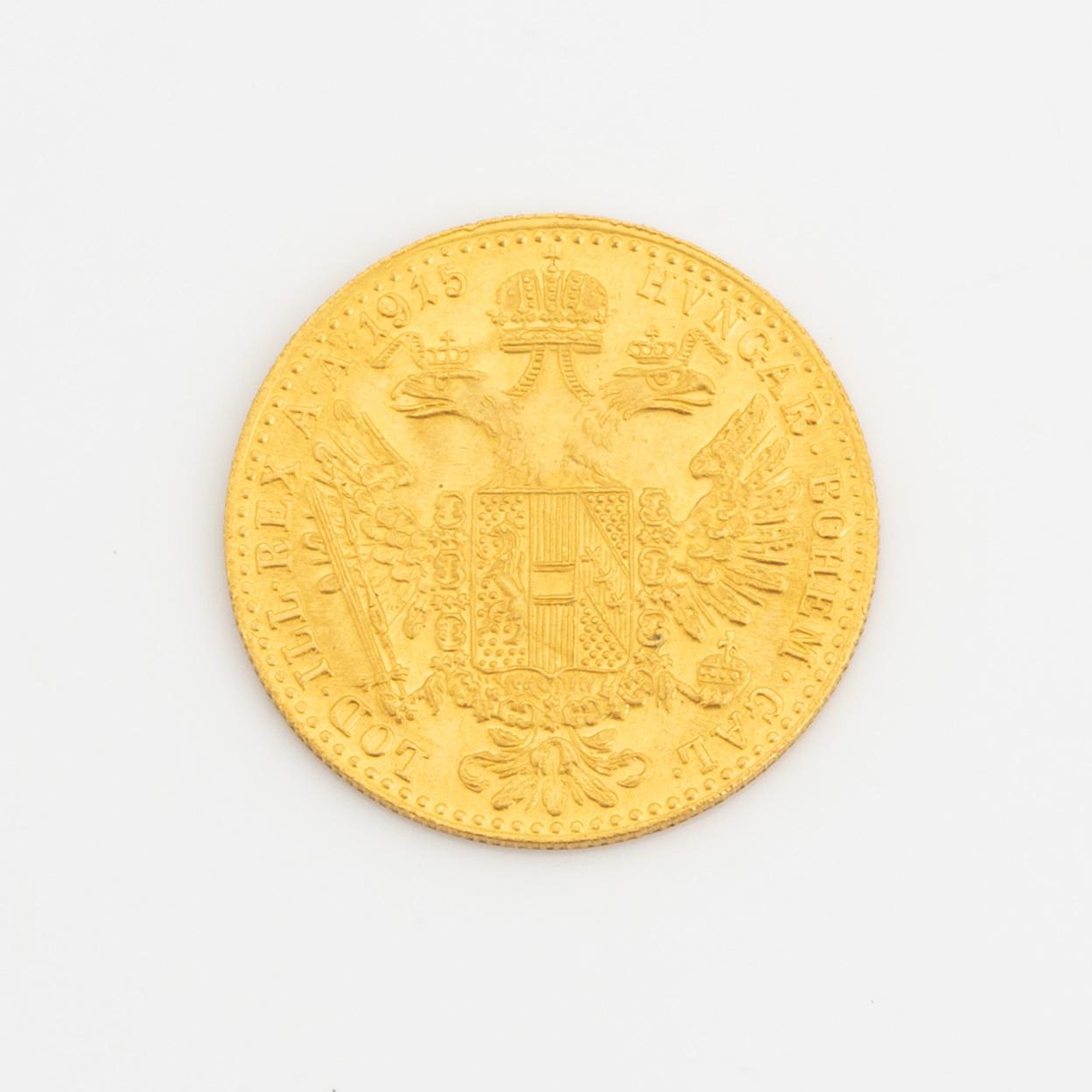 Hängsmycke med mynt, 23K guld, samt mynt, 23K guld, Österrike-Ungern, 1915.