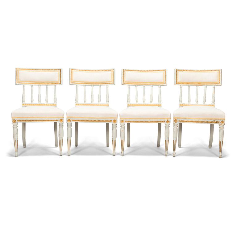 Four late Gustavian Stockholm chairs one signed EÖM  Erik Öhrmark turn of 18th/19th Century.