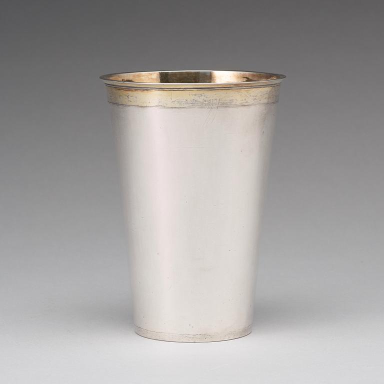 A Swedish 17th century parcel-gilt silver beaker, mark of Erik Bengtsson Starin, Stockholm 1695.