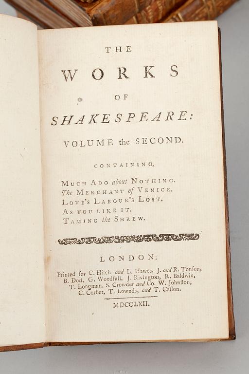 BÖCKER, 8 volymer, "The Works of Shakespeare in eight volumes", Theobalds, 1762.