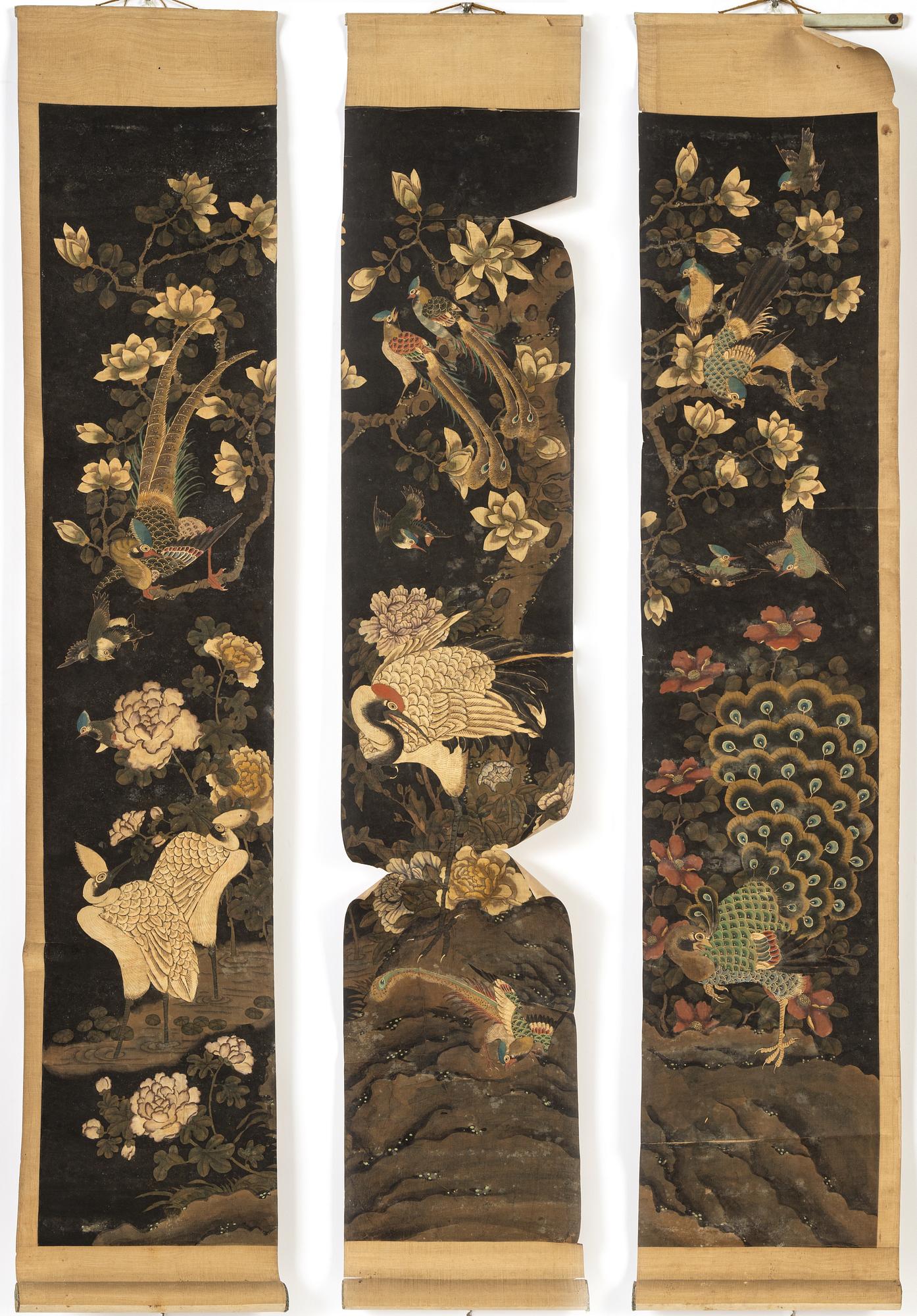 A set of three scoll paintings/wall paper panels, Qing dynasty.