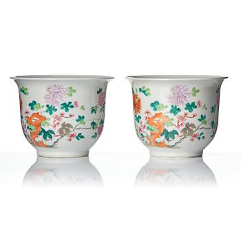 A pair of famille rose flower pots, late Qing dynasty/Republic.