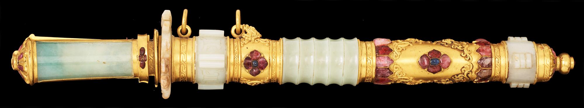 A gilt jade-mounted ceremonial double sword and scabbard with inlaid 'Gems', Qing dynasty.