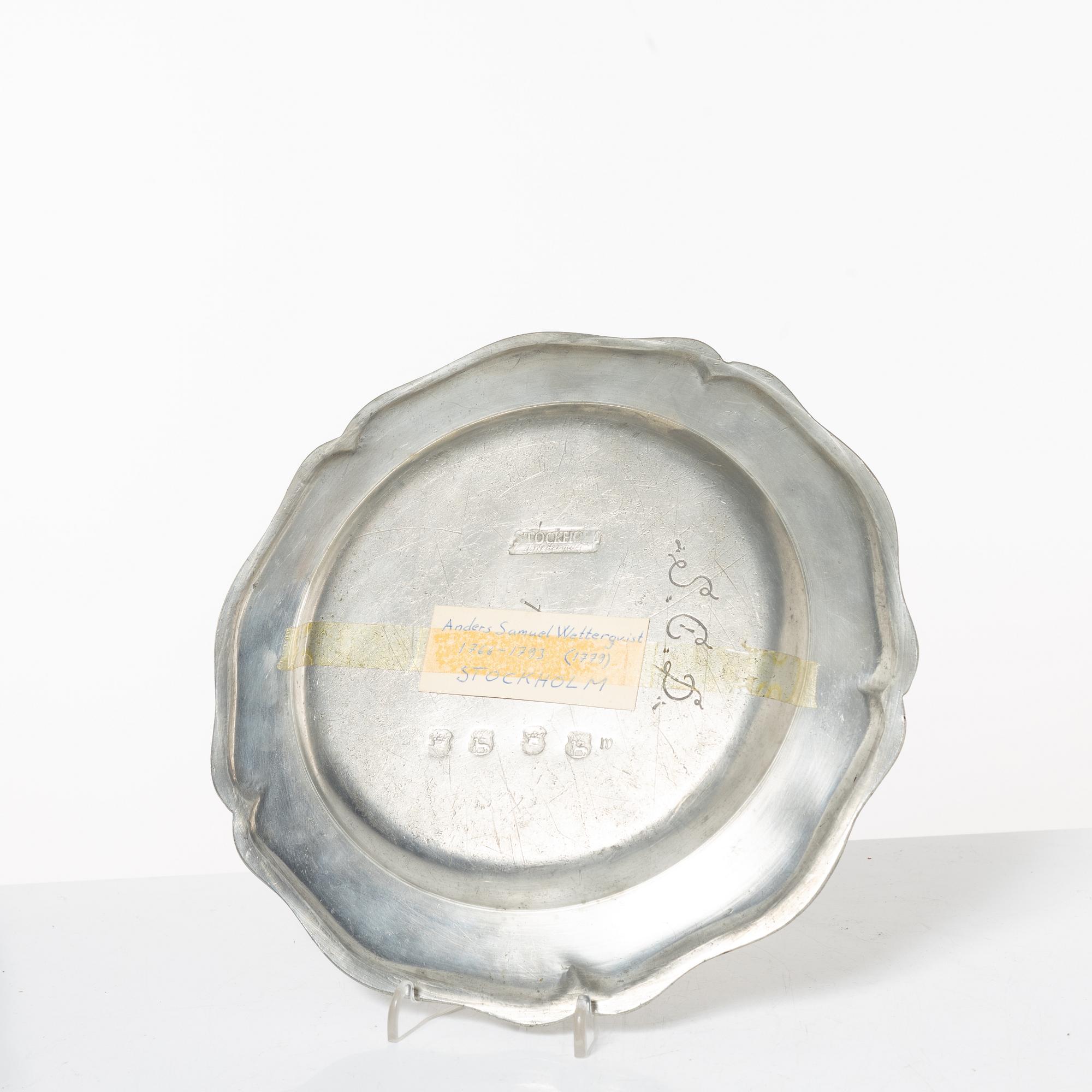 Bowl and 2 plates, pewter, various masters, Stockholm.