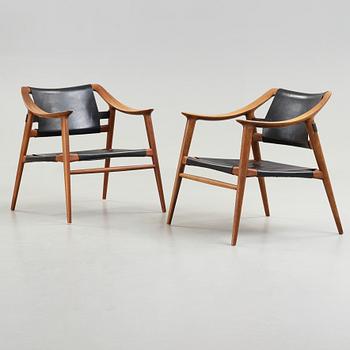 Adolf Relling & Sigurd Resell, a pair of teak and leather "56/2 Bambi-series armchairs, Norway 1950-60's,