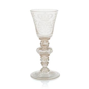 An 18th century wine glass with Swedish royal monogram, Kungsholms Glasbruk.