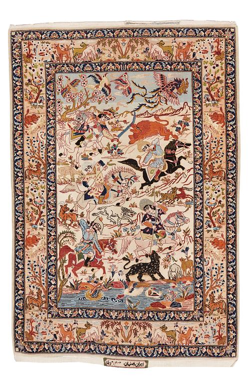 A rug, semi-antique/Old Esfahan figural, signed, ca 154,5 x 106,5 cm ( ca 2,5-3,5 cm flat weave at the ends).