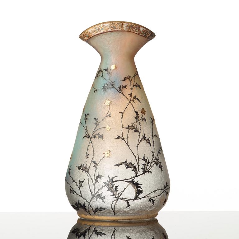 Daum, an opalescent etched and enamel painted glass vase, Nancy, France, 1890's.