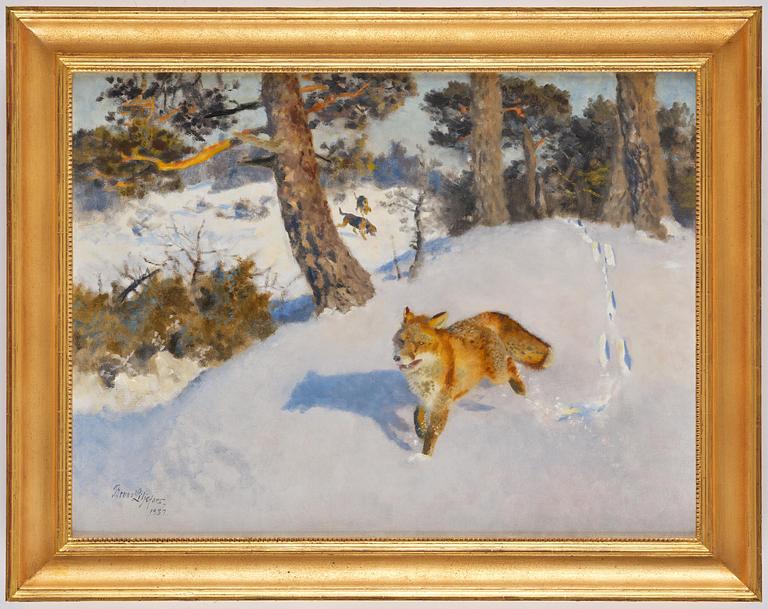 Bruno Liljefors, Winter fox with following hound.