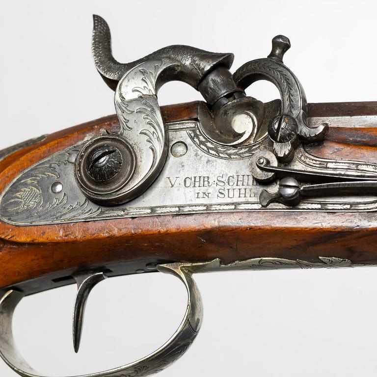 A pair of percussion pistols, Germany, Signed V Chr Schilling in Suhl (Valentin Christoph S. active from 1849).