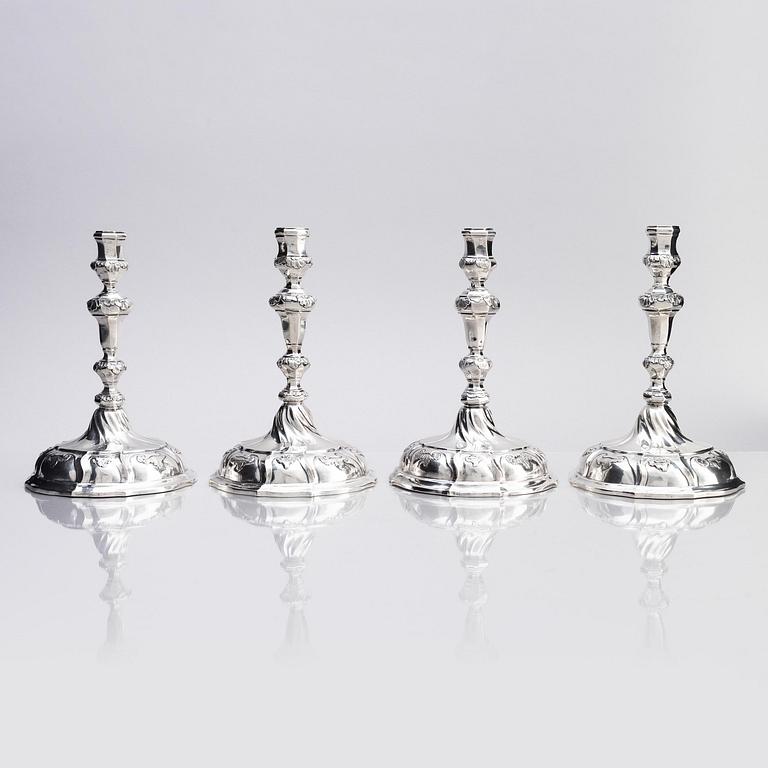 Four silver candlesticks, marks of Christian Drentwett II, Augsburg (1765-1767), two (1781-1783) and possibly (1743-45).
