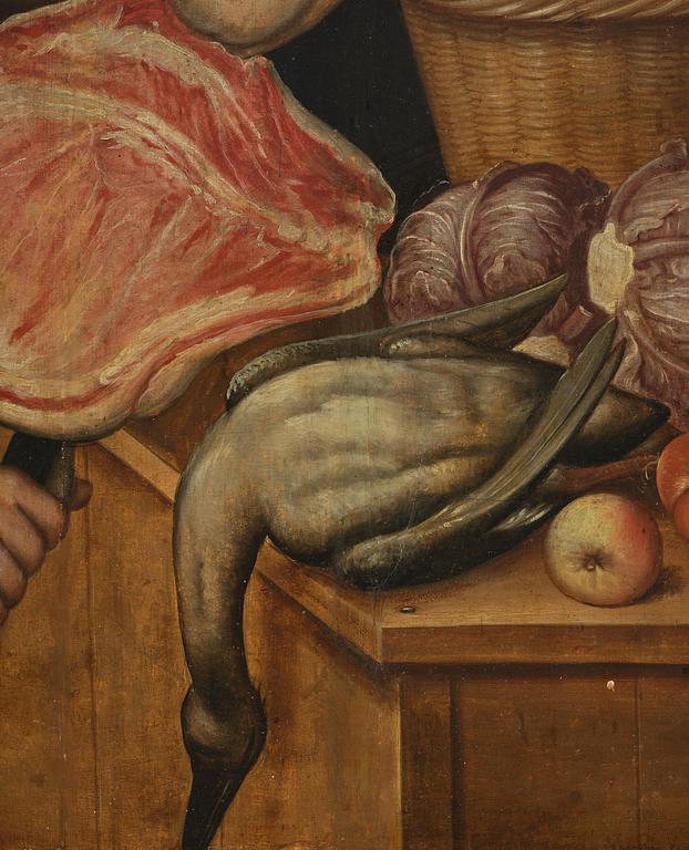 Joachim Beuckelaer, circle of/follower of, Kitchen scene with Jesus in the house of Martha and Mary in the background.