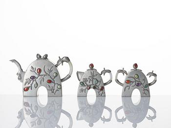 A five piece stone inlayed pewter tea service, China, early 20th century.