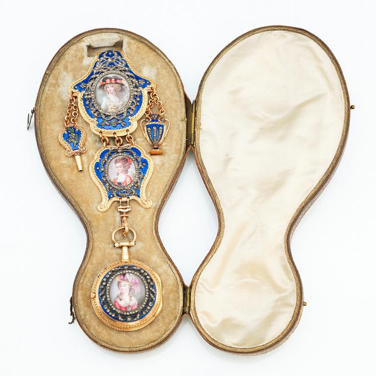 Chatelaine and pocket watch, 18K gold, enamel and paste, Paris after 1838, in Louis XVI-style.