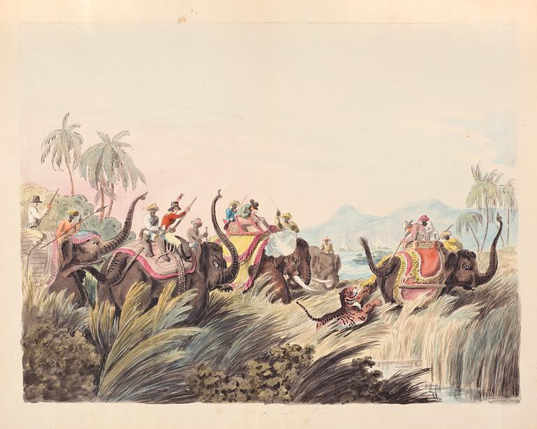 Hunting scene with tiger and elephants.