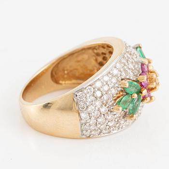 Ring, 14K gold with small brilliant-cut diamonds, emeralds, and pink stones.