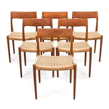 Niels Otto Møller, tuoleja, 6 kpl, malli 77, J.L. Møllers Møbelfabrik, Tanska 1960-luku.