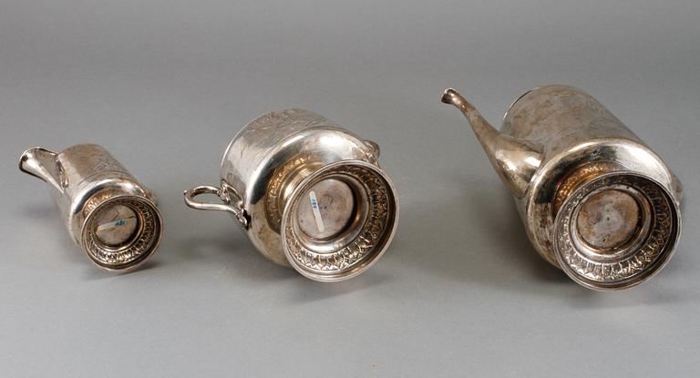 KAFFESERVIS, 3 delar, silver, Nils August Malmqvist, Malmö, 1884, total vikt ca 1310 g.