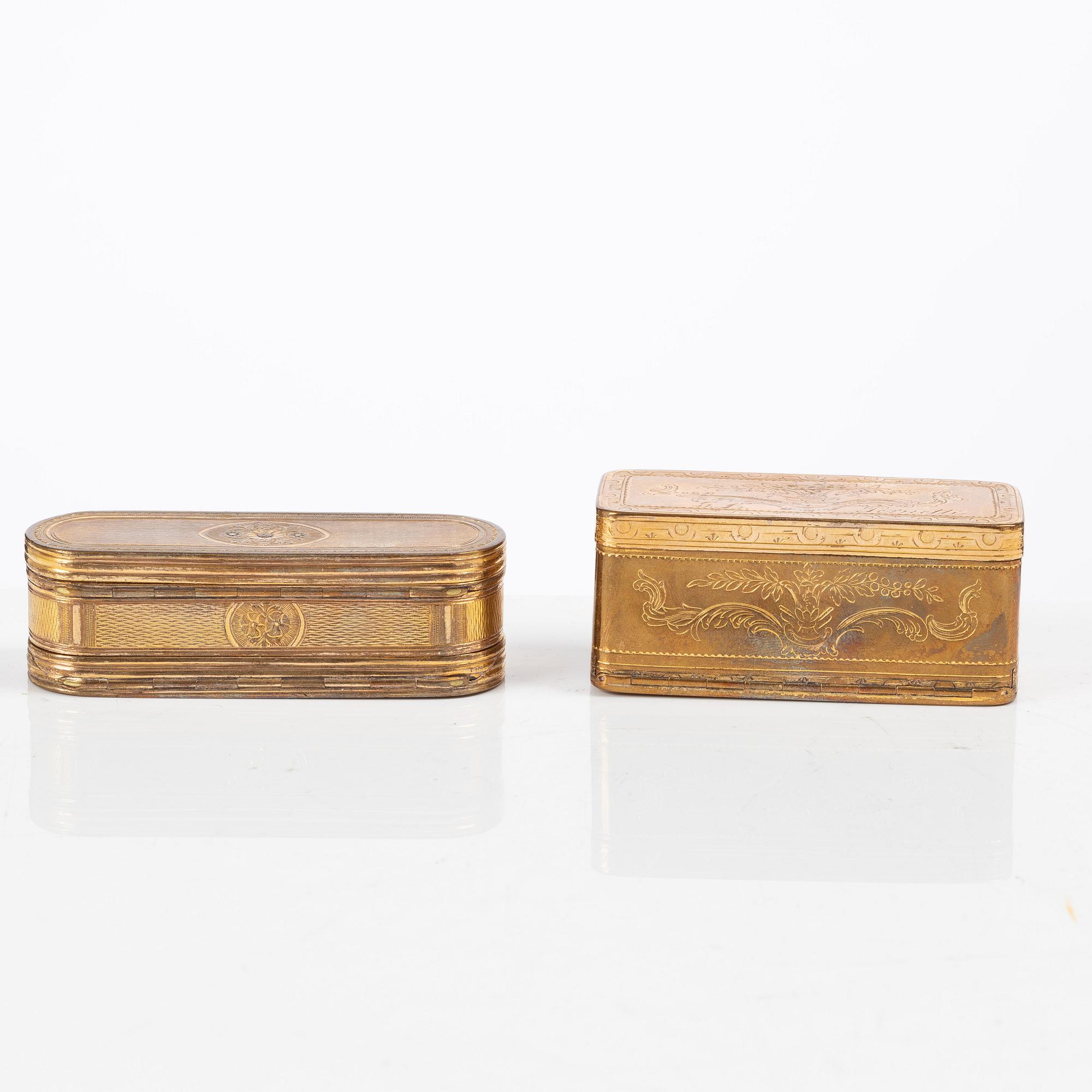 Two gilt-copper snuff boxes, France, 18th century.