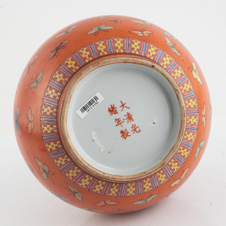 A Chinese coral read ground butterfly vase, 20th century.