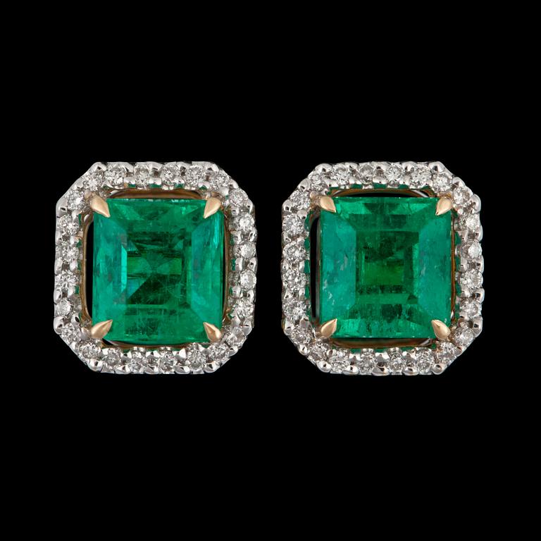 A pair of emerald, 2.26 cts, and diamond, 0.22 ct, earrings.