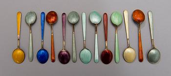 MOCCA SPOONS, 13 pcs, gilded silver 916 with enamel decorations, Tillander, Helsinki 1950-61.