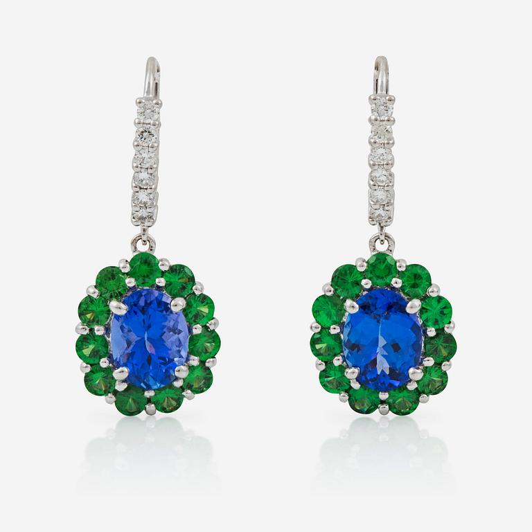 A pair of tanzanite, circa 4.00 cts, tsavorite circa 2.60 cts and diamond earrings.