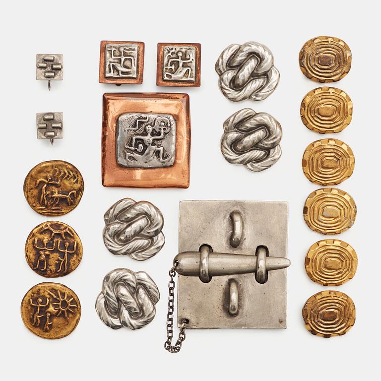 Svenskt Tenn and others manufacturers, a set of 13 buttons, 2 pairs of earrings and a brooch, 1940-50's.