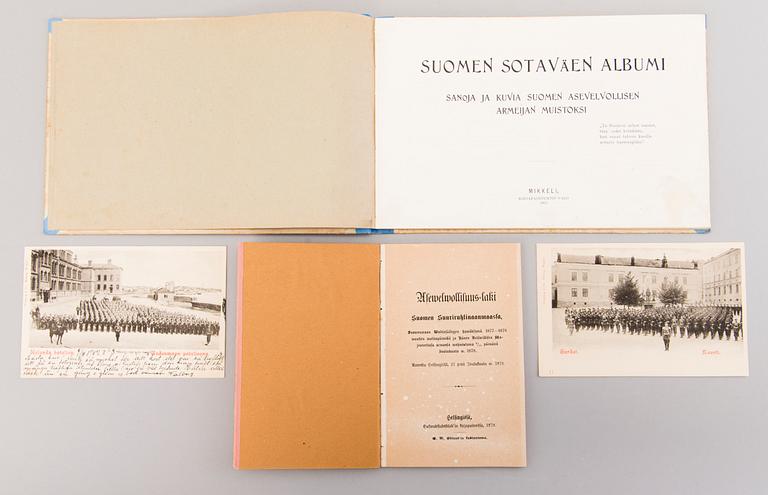 Finska krigsmaktens medaljer, 6 st, och böcker, 2 st, Finland, ca 1855-1931.