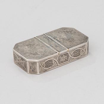 A RUSSIAN SNUFF BOX, silver, Moscow 1856?, goldsmith N.Mishailov, essay master Viktor Sasikov 1855-1888.