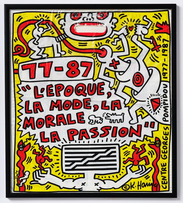 Offset bag in plastic from Keith Haring's exhibition at the Centre Pompidou, Paris, 1987.