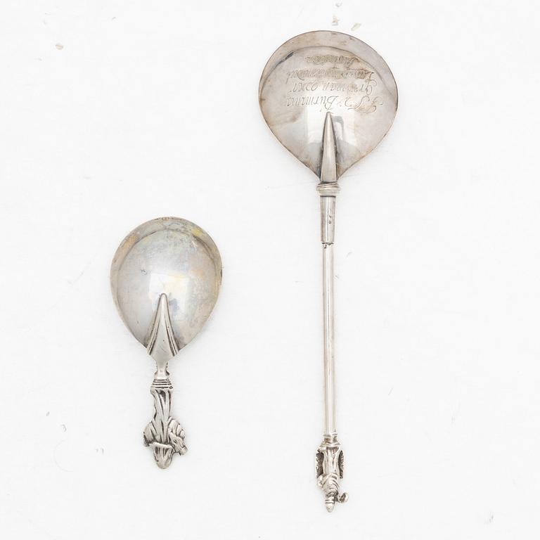 Two unmarked silver spoons, Historicism.