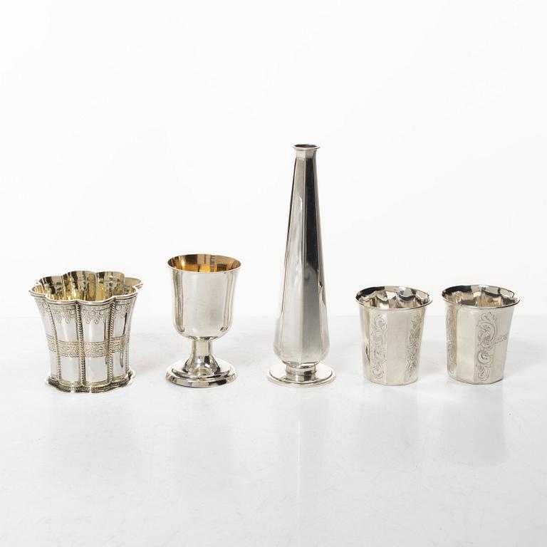 Three silver beakers, a vase and a cup, Sweden and Denmark, 19th-20th century.
