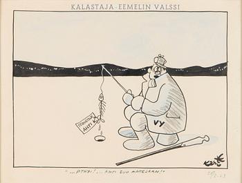 Kari Suomalainen, drawing "...Pthyi!...Ahti Suo Antejaan!", gift to the singer Kauko Käyhkö.